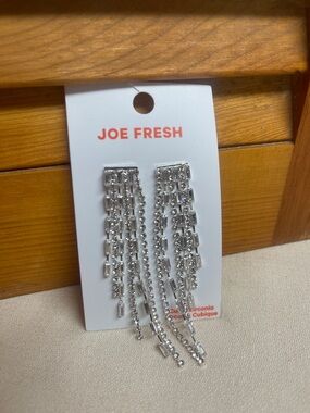 Joe Fresh Silver Cascading Rhinestone Chain Earrings